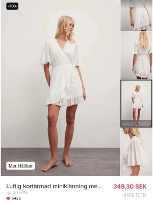 Vit omlottklänning med volang NA-KD - Säljer en luftig vit omlottklänning från NA-KD med korta ärmar och volangdetaljer längs nederkanten. Perfekt för student eller konfirmation 