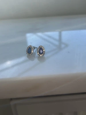 Silvriga örhängen med blå sten - Säljer ett par snygga silvriga örhängen med droppformad blå sten i mitten, omgivna av små klara stenar som ger extra bling. Perfekta för dig som gillar stilrena men ändå iögonfallande accessoarer. Passar till många olika looks!