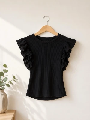 Svart ribbad topp med volang från Zara - Svart ribbad topp från Zara med volangdetaljer på axlarna. Toppen är ärmlös och har en rund halsringning. Materialet är stretchigt och ger en slim passform. Perfekt för att lyfta en enkel outfit med lite extra edge.