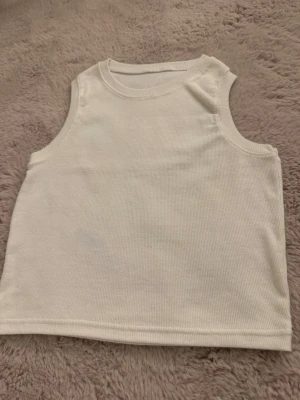 Vit ribbad linnetopp - Säljer en enkel och stilren vit ribbad linnetopp. Toppen är ärmlös och har en rund halsringning. Perfekt att matcha med jeans eller kjol för en clean look. Vet tyvärr inte vart den är köpt💕💕💕 