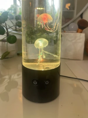 Medusalampa med LED-belysning - Cool lampa med konstgjorda maneter som simmar runt i en cylinder fylld med vatten. Lampan har svart fot med två knappar för av/på och ljusinställning. LED-belysningen skiftar färg och ger ett häftigt sken i rummet. Perfekt som dekoration eller nattlampa.