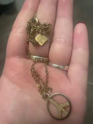 Guldigt halsband från Astrid och Agnes  - Snyggt halsband i guldfärgad metall från Astrid och Agnes  med ett stort peace-märke som hänge. Kedjan är tunn och har en liten bricka med Pilgrim-loggan nära låset. Perfekt för dig som gillar statement-smycken och vill ha en cool detalj till din outfit.