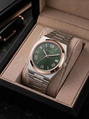 Montreval seiko mod nh35 urverk olive two tone - Stilren klocka från Montreval med grön urtavla, romerska siffror och datumvisning. Boetten är i silverfärgat metall med en elegant roséguldfärgad ring runt urtavlan. Länken är i borstat stål och ger en modern känsla.