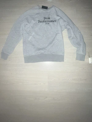 Grå soptröja från soptröja Peak Performance - Snygg grå sweatshirt från Peak Performance med svart logotyptryck på bröstet. Klassisk rund halsringning, ribbade muddar vid ärmslut och nederkant. Perfekt för en full funktionslook och enkel att matcha med jeans eller joggers.