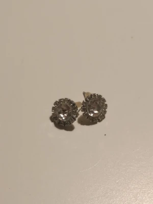Silvriga örhängen med glittrande stenar - Snygga silvriga örhängen i form av små studs med en stor klar sten i mitten, omgiven av mindre gnistrande stenar. Klassisk och stilren design som passar till många olika looks. Metallfärgade med push back-lås. Perfekta för dig som gillar lite extra bling. Strass! Lite grönaktiga på baksidan, se bilder för skick. 