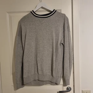 Grå tröja med randig krage - Säljer en stilren grå tröja med svartvit randig krage. Tröjan har långa ärmar och en avslappnad passform, perfekt för kyligare dagar. Enkel och snygg design som passar till det mesta.