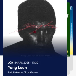 Yung Lean konsertbiljett Ståplats - Säljer en presale-biljett till Yung Leans konsert den 1 mars 2025 på Avicii Arena i Stockholm. Biljetten är en app-biljett (AXS Mobile ID) och gäller för ståplats. Säljer då jag inte kan komma :(    OBS kontakta mig innan du köper😊