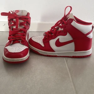 Rödvita Nike Dunk sneakers stl 39 - Snygga rödvita Nike Dunk sneakers med klassisk design. Skorna har en hög modell med snörning och en robust sula. Perfekta för dig som vill ha en stilren och sportig look.