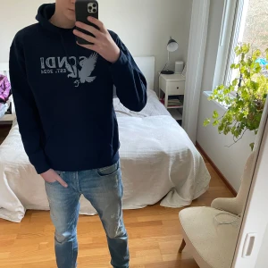 Mörkblå hoodie från SCNDI - Säljer en mörkblå hoodie från SCNDI med tryck av en örn. Skicket på tröjan är 10/10, aldrig använd. Storleken är M. Perfekt för en avslappnad stil. Nypris på denna är runt 700kr! Vid fler frågor är det bara att höra av er!