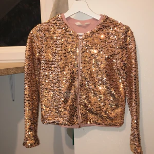 Rosa paljettjacka med dragkedja - Säljer en glittrig rosa jacka från H&M, täckt med paljetter och en praktisk dragkedja framtill. Perfekt för att lysa upp vilken outfit som helst eller till nyår Jackan har långa ärmar och en rund halsringning. Storlek 146-152 så skulle säga xxs