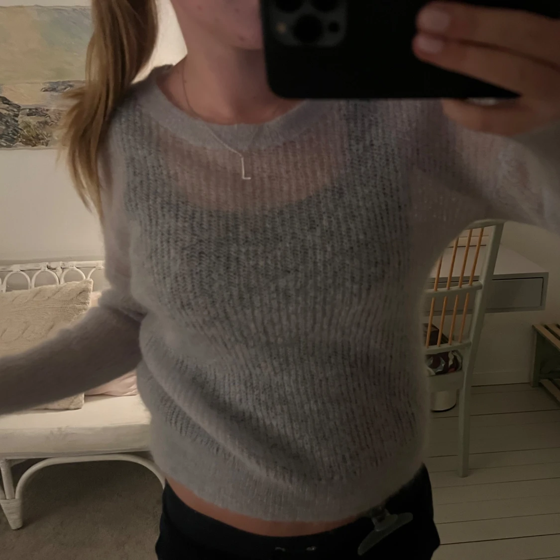 Ljusgrå/blå finstickad tröja  - 90