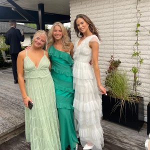 Vit volangklänning - Säljer en superfin vit klänning med volanger, perfekt för sommarens fester eller bal. Klänningen är ärmlös och har en v-ringad design. Hade den på min bal och fick så mycket komplimanger, den är i str S, jag är 172 cm och bar klackar. Det går även att ta bort tylllager om man vill få den kortare! Det sista lagret är lite slitet, men inget som syns när den är på! Bilderna visar💘Hör av dig vid frågor!