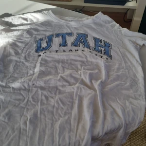 Vit t-shirt med tryck från 157 Denim Makers - Säljer en vit t-shirt från 157 Denim Makers med trycket 'Utah Salt Lake City' i blått och svart. T-shirten är i bomull och har en normal passform. Perfekt för en avslappnad stil eller som en souvenir från Utah. Lite skrynklig men i bra skick. Med tyvärr två små hål.