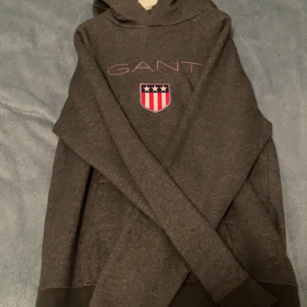 Säljer en snygg grå hoodie från GANT med ett coolt emblem på bröstet. Perfekt för höst och vinter, den är både stilren och bekväm. Passar lika bra till skolan som till en chill dag hemma. Hör av dig vid intresse!. Neuletakit & Villapaidat.