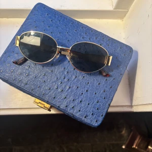 Stiliga solglasögon med gulddetaljer - Snygga solglasögon från Céline med guldfärgad ram och mörka glas. De har en elegant design med detaljer på skalmarna. Perfekta för en solig dag och ger en lyxig känsla.