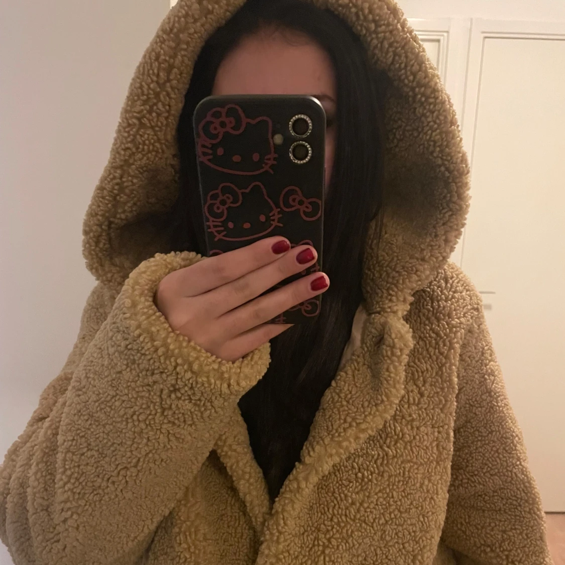 Beige teddyjacka med huva - 1