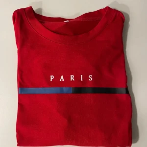 Röd tröja med Paris-tryck - Säljer en snygg röd tröja med texten 'PARIS' tryckt på framsidan. Den har en cool blå och svart rand under texten som ger en stilren look. Perfekt för vardagsbruk eller en avslappnad dag ute. Passar bra till jeans eller kjol!