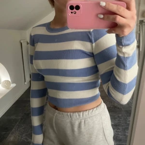 Blå och vit randig croppad tröja - Säljer en superfin blå och vit randig tröja som är croppad och perfekt för en casual look. Den är långärmad och har en normal passform som sitter snyggt på kroppen. Materialet känns mjukt och skönt mot huden. Perfekt för vår och sommar!
