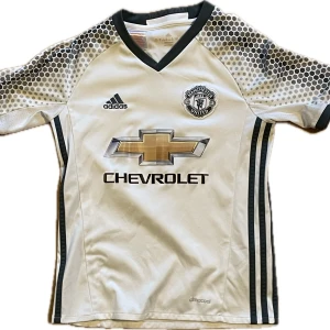 Vit Manchester United fotbollströja med Ibrahimović 9 - Säljer en vit Zlatan Manchester United fotbollströja. Tröjan har ett coolt mönster på axlarna och svarta detaljer. skicket på tröjan är bra förutom att det har lossnat lite flisor på 9:an och Ibrahimovic. 