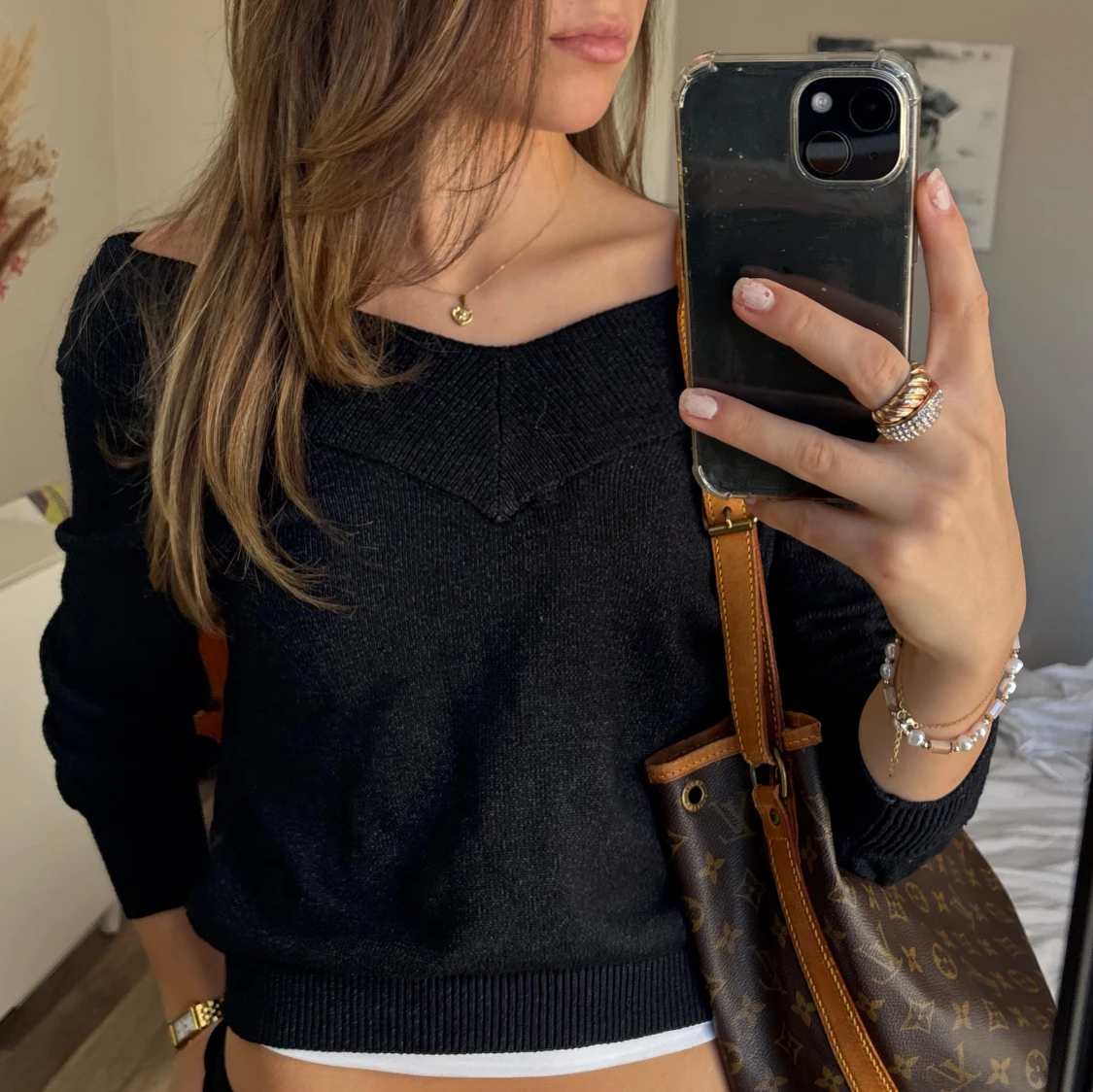 Svart trekvarts offsholder stickad tröja - 90