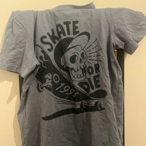 Grå t-shirt med skateboardtryck - Cool grå t-shirt med ett stort tryck av en dödskalle och skateboard med texten 'Skate or Die 1995'. Perfekt för skate-entusiaster som vill ha en avslappnad stil. Storlek 146/152