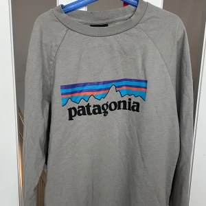 Grå långärmad tröja från Patagonia - Säljer en stilren grå långärmad tröja från Patagonia med det ikoniska logotyptrycket i blått, lila och svart. Perfekt för en avslappnad stil.
