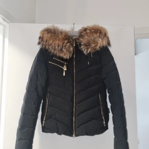 Svart pufferjacka från Hollies - Säljer en snygg svart pufferjacka från Hollies med päls på huvan. Jackan har guldfärgade dragkedjor och en cool detalj på ärmen. Perfekt för kalla dagar och håller dig varm och stilren. Passar både till vardags och fest! Oanvänd men prislapp finns ej kvar.