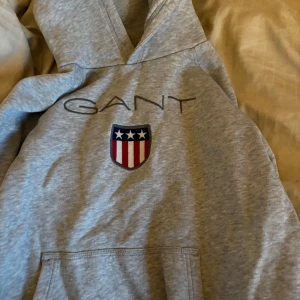 Grå hoodie från GANT - Säljer en stilren grå hoodie från GANT med deras ikoniska logga och emblem på bröstet. Knappt använd och inga difekter