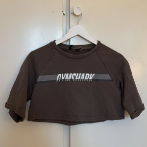 Grå croppad tröja från Gymshark - Säljer en grå/brun brucroppad tröja från Gymshark med korta ärmar och tryckt logga på framsidan. Perfekt för träning eller en avslappnad stil. Tröjan har en bekväm passform och är tillverkad i mjukt material.