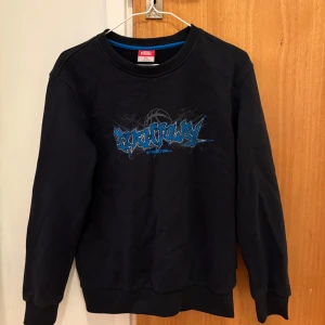 Svart sweatshirt med tryck - Säljer en svart sweatshirt från Fruit of the Loom med ett coolt blått och grått tryck på framsidan. Tröjan är i bra skick och perfekt för vardagsbruk. Den har långa ärmar och en klassisk rund halsringning. Perfekt för höst och vinter!