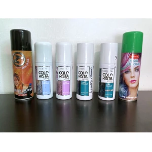 6 burkar temporär hårfärg, L'Oréal Colorista, utklädnad, maskerad, lajv - 6 sprayburkar med temporär hårfärg. Svart och grön Goodmark samt pastellblå L'Oréal är lätt använda. Lavender L'Oréal är något mer använd. Turkos L'Oréal är mycket använd samt en oanvänd.
