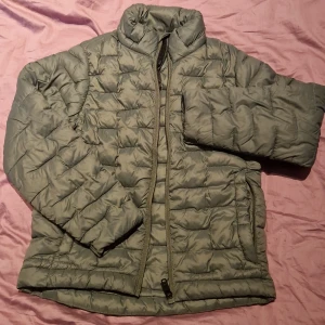 Grön dunjacka från Everest - Säljer en grön dunjacka från Everest med dragkedja framtill. Jackan har en quiltad design och långa ärmar, perfekt för kyligare väder. Den är både stilren och funktionell. Finns en liten repa på ryggen. 