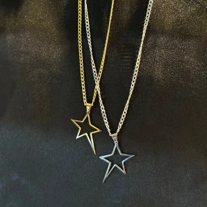 Halsband med stjärnhänge i guld och silver - Två  halsband med stjärnformade hängen. Ett halsband har en guldkedja med ett guldstjärnhänge, och det andra har en silverkedja med ett silverstjärnhänge. Man får en! Ligger på 150kr/st😍