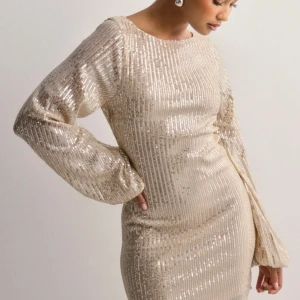 Champagnefärgad paljettklänning - Nästan helt slutsåld från Nellys hemsida, endast testad. Elegant champagnefärgad klänning med paljetter och långa ärmar. Perfekt för jul, fest och nyår🎉Nypris 499✨