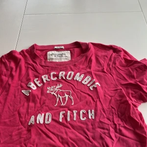Röd t-shirt från Abercrombie & Fitch - Säljer en snygg rosa t-shirt från Abercrombie & Fitch med deras ikoniska logga och älgmotiv på framsidan. Perfekt för en avslappnad stil. T-shirten är kortärmad och gjord i mjuk bomull.
