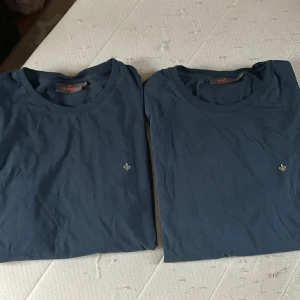 Blå t-shirtar från Morris - Säljer två stilren blå t-shirt från Morris med en liten broderad detalj på bröstet. Perfekt för en avslappnad look. T-shirten är kortärmad och gjord i mjukt material för extra komfort. En M och en S. 300 kr st eller båda 500kr