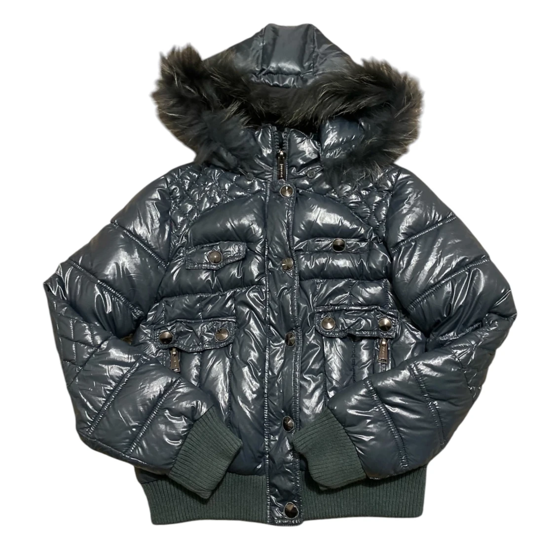 Grå/blå pufferjacka med päls🩶