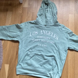 Grön hoodie med tryck - Säljer en grön hoodie från 157 med texten 'Los Angeles Downtown Sunset Boulevard CA, USA' tryckt på framsidan. Hoodien har en stor ficka framtill och en bekväm huva. Perfekt för en avslappnad stil.