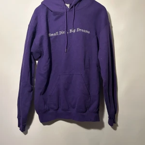 Lila hoodie från Gildan - Lila hoodie med texten "Small Dick, Big Dreams" tryckt på framsidan. Den har en känguruficka och dragsko i huvan. Lite urtvättad men bra skick annars.