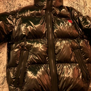 Svart pufferjacka från Hugo - Säljer en svart pufferjacka från Hugo med glansig yta och röd logga på bröstet och ryggen. Jackan har dragkedja framtill och två fickor med dragkedjor. Perfekt för kyliga dagar.