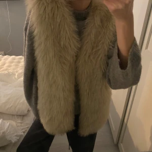 Beige pälsväst - Säljer en snygg beige pälsväst som är perfekt för att hålla sig varm och stilren. Västen har en mjuk och fluffig textur som ger en lyxig känsla. Passar perfekt över en tröja för extra värme.