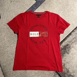 Säljer en snygg röd t-shirt från Tommy Hilfiger i storlek M. Den är gjord av ekologisk bomull och har en klassisk design med korta ärmar. På framsidan finns ett tryck med texten 'Hilfiger Established MCMLXXV'. Perfekt för en avslappnad stil!