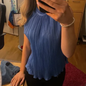 Blå plisserad blus - Säljer en snygg blå plisserad blus med hög hals och ärmlös design. Blusen har en knytning i nacken och en luftig passform som ger en elegant look. Perfekt för att piffa upp garderoben!Från zara, storlek xs!!💙