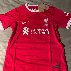 Liverpool tröja från Nike - Säljer en sprillans ny liverpool tröja. Tröjan har korta ärmar och vita detaljer vid ärmslut och krage. Perfekt för fotbollsfans!