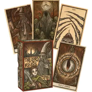 Let Frodo, Sam, Gandalf, and other beloved inhabitants of Middle-earth guide your tarot practice with this epic tarot deck and guide, inspired by the iconic The Lord of the Rings novels. Join the Fellowship of the Ring with the only official The Lord of the Rings tarot deck! Featuring original artwork inspired by classic tarot iconography, this 78-card deck comprises both major and minor arcana and depicts fan-favorite characters, creatures, and scenes from The Lord of the Rings novels. Packaged in a collectible gift box, it's the perfect gift for The Lord of the Rings fans and tarot enthusiasts alike!  75+ BEAUTIFULLY ILLUSTRATED CARDS: Features stunning, exclusive artwork of everyone from heroes like Sam Gamgee and Legolas to sinister antagonists Gollum and Sauron!  HELPFUL GUIDE: Learn the basics of tarot with the included bonus guide, with handy explanations behind the meaning of each card as well as a few simple spreads for easy readings.  COLLECTIBLE GIFT BOX: The Lord of the Rings Tarot Deck and Guide comes packaged in a handsome, collectible gift box.