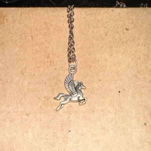 Silverfärgat halsband med Pegasus-berlock - Säljer ett snyggt silverfärgat halsband med en Pegasus-berlock. Kedjan är tunn och elegant, perfekt för både vardag och fest. Berlocken föreställer en flygande häst med vingar, vilket ger en magisk touch till din outfit.
