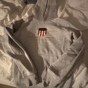 Grå Gant hoodie med tryck - Säljer en grå hoodie med tryck på framsidan. Den har en liten fläck på magen men som knappt syns. 