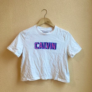 Calvin Klein t-shirt - T-shirt från Calvin Klein, strl M. Vit med rosa/blått tryck. Använd ett fåtal gånger! Inga defekter/fläckar. Frakt ingår! 