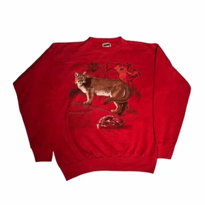 Röd sweatshirt med tryck - En otroligt unik sweatshirt med sjukt coolt tryck från 90-talet. Med mycket detaljer och otroligt bra kvalitet. Köpt från tjjmaxx i USA. 