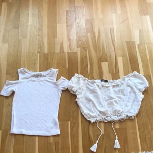 Två fina vita toppar - Säljer båda för 50 kr annars 30 kr styck. Crop top (bild till höger) från Gina tricot och storlek 36. Den andra Toppen (bild i mitten) är från bershka och är storlek 36. Båda två är superfina på men inte min stil längre. Strech på båda! 